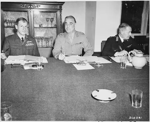 Taking a part in the Combined Chiefs of Staff discussions at the Potsdam Conference in Germany, L to R, Marshal of…