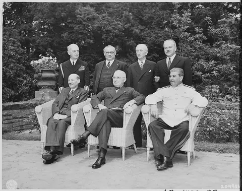 The "Big Three" and their foreign ministers gather in the garden of Cecilienhof Palace during the last day of the…