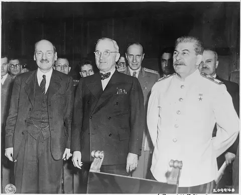The new "Big Three" meet for the first time at the Potsdam Conference in Potsdam, Germany. L to R, new British Prime…