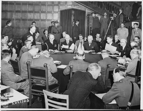 View of the conference room at the opening of the third day's session of the Potsdam Conference in Potsdam, Germany.…