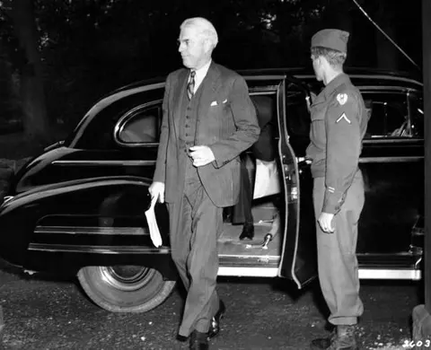 Title: William L. Clayton arrives for Potsdam conference. Description: William L. Clayton arrives for Potsdam Conference. From Potsdam album, 1945