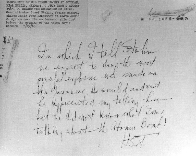 Truman's description of his conversation with Stalin on July 24th (incorrectly noted as July 19th)/Image: US National Archives and Records